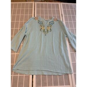 Cottagecore Floral Garden Embroidered Blue Whimsical Fairy Women Xxl (22/24) Top